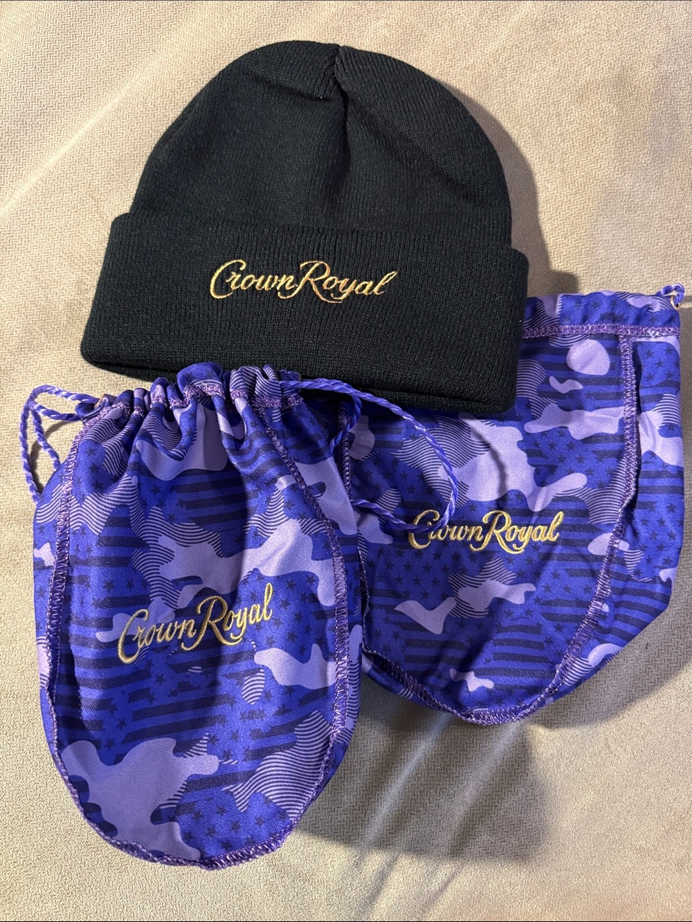 Crown Royal Bundle with 2 Purple Camo Pouches + Beanie